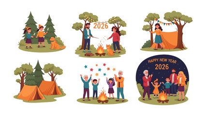Camping adventure in 2026: Festive moments capturing people enjoying camping in 2026. Different family enjoy their moments with outdoor tent, campfire and happy moments.