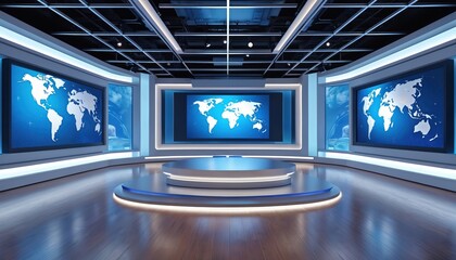Modern virtual news studio features large screens displaying world maps. Circular podium with LED lighting sits center stage. Advanced broadcast set creates dynamic environment for global news