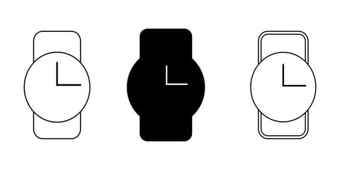 Set of Three Watch and Time Icons Outline Solid Black and Modern Smartwatch Style