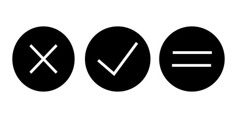 Minimalist Black and White Icons Incorrect Correct and Equals Symbols for UI Design