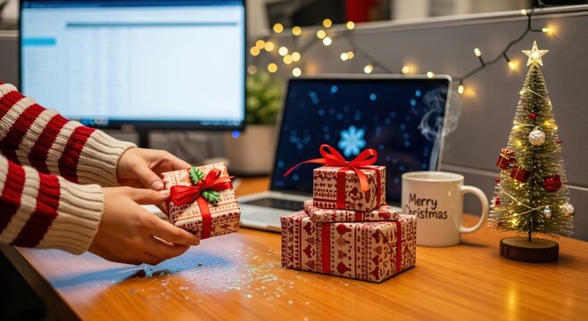 Person's hands in a striped sweater holding a small Christmas gift on an office desk, surrounded by holiday presents, a mini Christmas tree, a laptop, and a festive mug, celebrating the season.