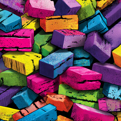 Abstract colorful blocks pattern with comic book halftone dots and cracks
