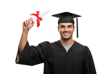 A smiling young man wearing a graduation cap and gown proudly holds up his diploma scroll with a red ribbon isolated on transparent background