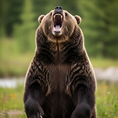 Obraz premium Roaring Grizzly Bear Standing Tall in a Natural Habitat.