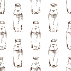 Hand drawn vintage seamless pattern of monochrome glass milk bottle outline with rustic sketch style illustration