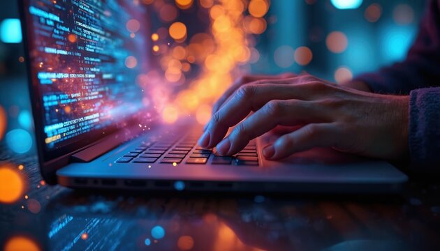 Hands typing code on laptop keyboard at night. Abstract digital data stream and bokeh lights create futuristic atmosphere. Programmer works on computer screen.