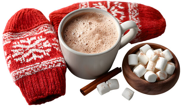 Cozy red mittens with snowflakes pattern resting beside a cup of steaming hot chocolate, sprinkled marshmallows and cinnamon stick isolated on white background