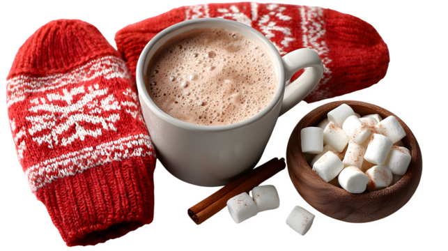 Cozy red mittens with snowflakes pattern resting beside a cup of steaming hot chocolate, sprinkled marshmallows and cinnamon stick isolated on white background - Powered by Adobe