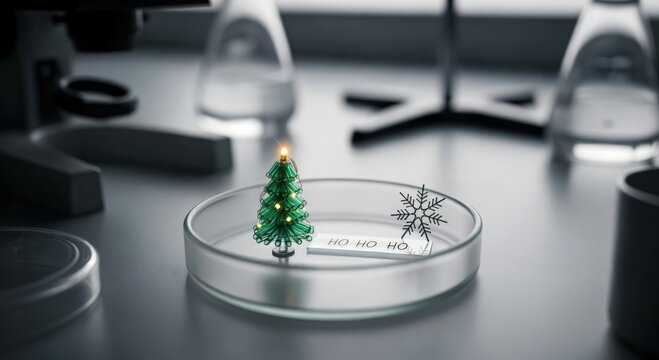 Miniature Christmas tree and snowflake in a petri dish on a laboratory bench, symbolizing a festive scientific discovery or holiday research.