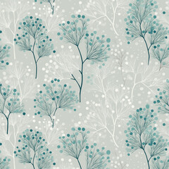 Seamless pattern of delicate winter branches with teal and white berries