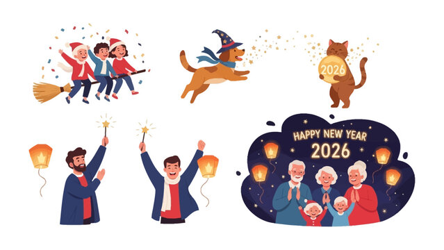 Happy New Year 2026 Celebration: Charming illustrations depict festive scenes of the New Year, full of joy and tradition. Including characters, cats, dogs, and families.