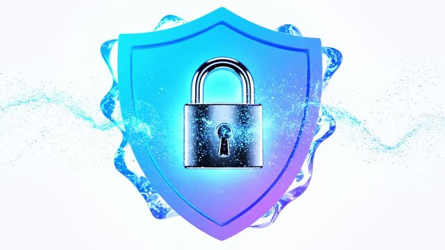 A gradient blue shield with a lock, surrounded by an abstract, flowing blue design