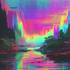 Vibrant glitch art landscape with neon colors and water reflection