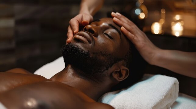 A young African man receives a relaxing facial massage in a spa setting. Soft lighting and towels create a tranquil atmosphere. - Powered by Adobe