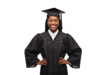 Young african american woman wearing graduation cap and gown smiling proudly with hands on hips isolated on transparent background