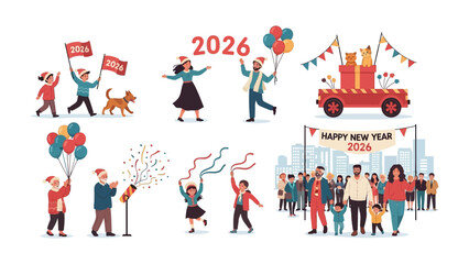 New Year 2026 Celebration: A vibrant illustration depicts a series of festive scenes, capturing the joyous spirit of a new year celebration, complete with cheerful people, balloons, confetti.