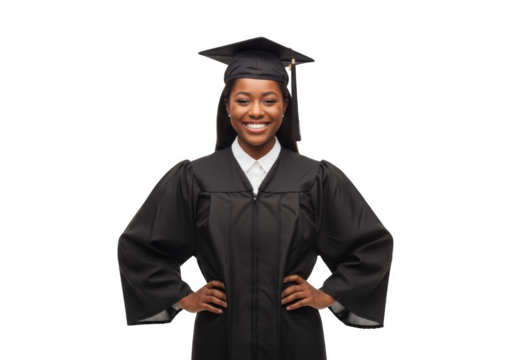 Young african american woman wearing graduation cap and gown smiling proudly with hands on hips isolated on transparent background
