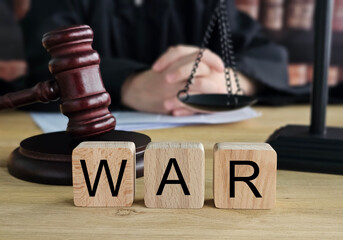 Fototapeta premium A judge symbolizing the intersection of law and conflict in the courtroom. Military conflicts and law concept