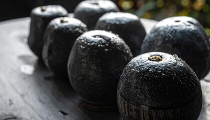 Black avocados line a wooden surface