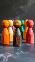 Colorful wooden peg dolls grouped close