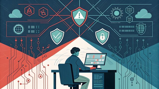 Cybersecurity expert working on computer with digital network and security icons