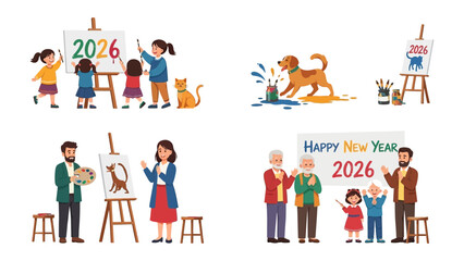 Artistic Community Celebrating: A collection of diverse individuals expresses themselves through the art of painting, depicting family, pets, and the new year, filled with creativity and joy. 
