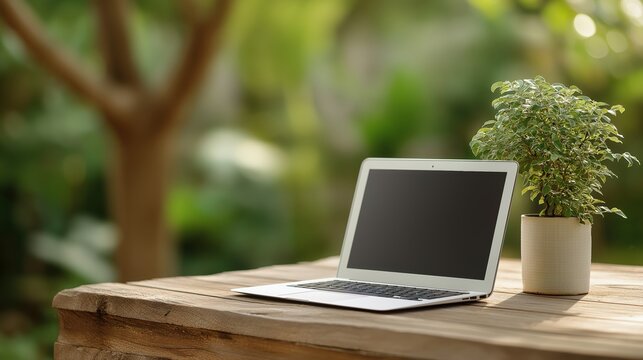Modern outdoor workspace with sleek laptop on wooden table surrounded by lush greenery and natural sunlight, emphasizing technology and outdoor office setup