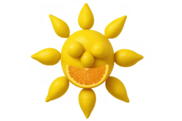 Fruit sun face with lemon body and orange mouth, forming a happy citrus character, yellow design on transparent background