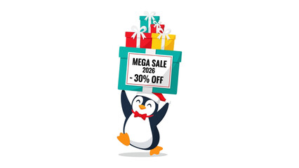 Festive Penguin's Mega Sale: A charming penguin, adorned with a Santa hat and a cheerful bow tie, jubilantly promotes a Mega Sale with gift-boxes.