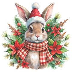  rabbit in a red Santa hat and plaid scarf clipart white background 