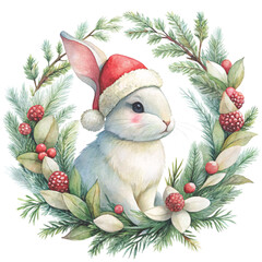  rabbit in a red Santa hat and plaid scarf clipart white background 