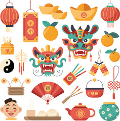 Naklejka premium Chinese New Year Icons Red Dragon Oranges Lanterns Gold Ingots