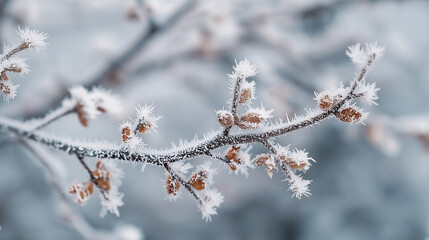Frost covered tree branch with buds in soft focus winter morning light