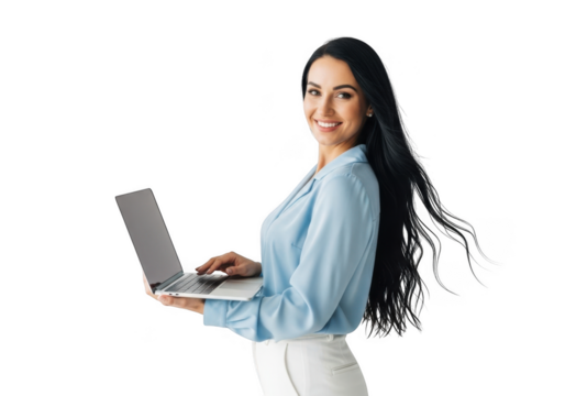 Young woman with long dark hair wearing a light blue shirt and white pants holding a silver laptop isolated on transparent background