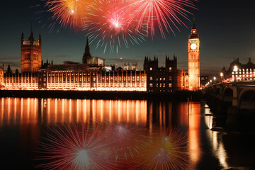 Fototapeta premium Explosive fireworks display fills the sky around Big Ben. New Year's Eve celebration background