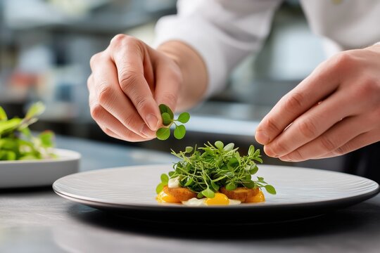Professional culinary plating techniques showcasing gourmet dish presentation with artistic food styling, fresh ingredients, and fine dining aesthetics in modern kitchens