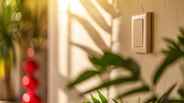 A close-up of a light switch on a wall with green plants in the foreground. Soft sunlight casts shadows, creating a warm atmosphere.