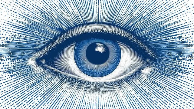 Stylized Human Eye with Blue Radial Light Beams. Security Concept, Global Surveillance, Knowledge Vision.