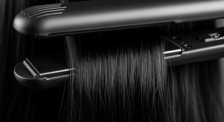 Sleek hair straightener close-up on black hair