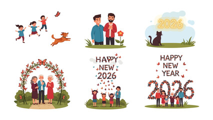 Naklejka premium Happy New Year Illustrations: A compilation of heartwarming scenes, showcasing the joy and togetherness of people, animals, and flowers celebrating the New Year, and the upcoming year of 2026. 