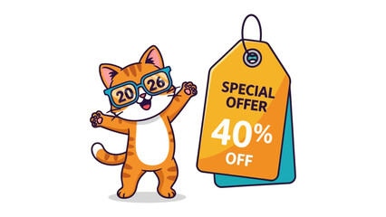 Purrfect Deal: A lively cartoon cat wearing glasses flaunts a special offer tag, advertising a generous 40% discount, embodying the spirit of shopping and savings.