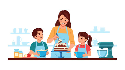 Baking Delight: A heartwarming scene unfolds as a mother and her children collaborate in the kitchen, decorating a cake with sweet precision and shared joy, capturing a moment of family bonding.