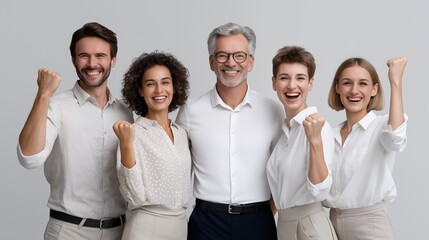 Professional diverse team celebrating success and teamwork in a modern office environment, showcasing confidence, collaboration, leadership, and positive corporate culture