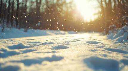 Golden hour sun shines on a serene winter path with sparkling snow and footprints