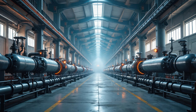 Industrial factory interior features long parallel rows of metal pipes, valves, pumps. Bright light illuminates end of modern plant building. Complex tech infrastructure suggests energy chemical