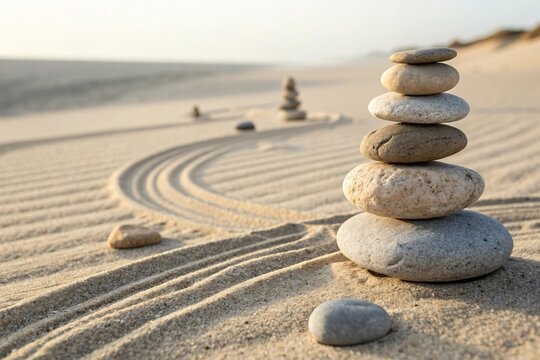 Serene beach zen garden with stacked stones and raked sand patterns at golden hour