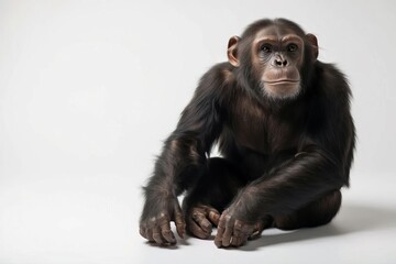 Naklejka premium A sitting chimpanzee on a white background.