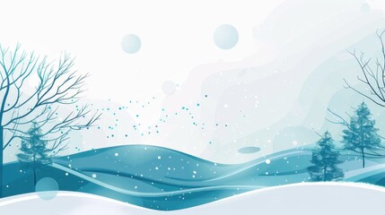 Snowy winter landscape with bare trees and pine trees on rolling hills under a pale sky with falling snowflakes.