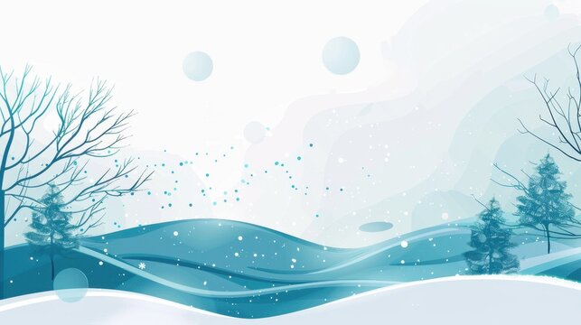 Snowy winter landscape with bare trees and pine trees on rolling hills under a pale sky with falling snowflakes. - Powered by Adobe