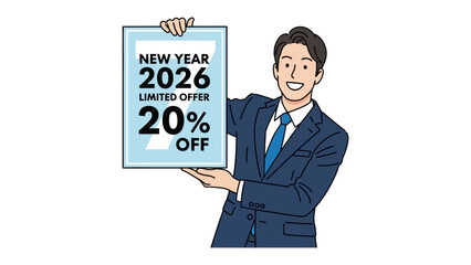 New Year 2026 Discount: A cheerful entrepreneur proudly presents a sign, highlighting a limited-time offer of 20% off for the upcoming New Year in 2026, creating excitement and anticipation.